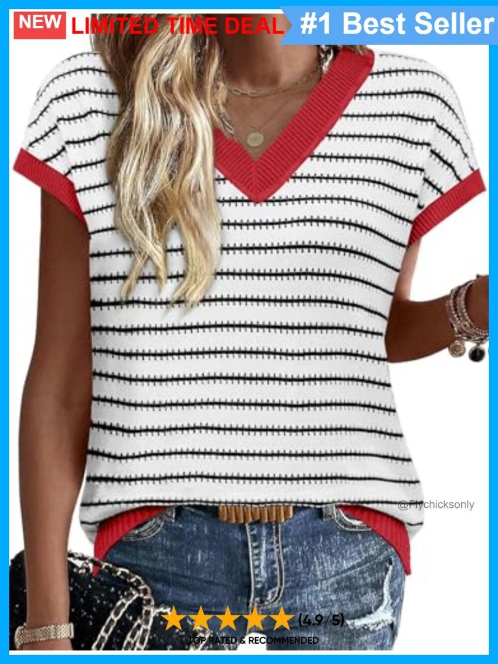 Womens V Neck Short Sleeve Striped Knit Pullover Sweater Loose Fit Summer Fall